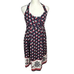 Anthropologie 9-H15 Stcl Nautical Halter Dress Sailboat Red White Blue